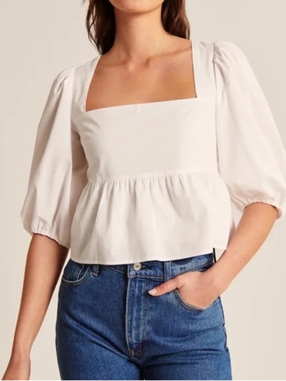 Abercrombie & Fitch White Square Neck Peplum Puff Sleeve Top Large